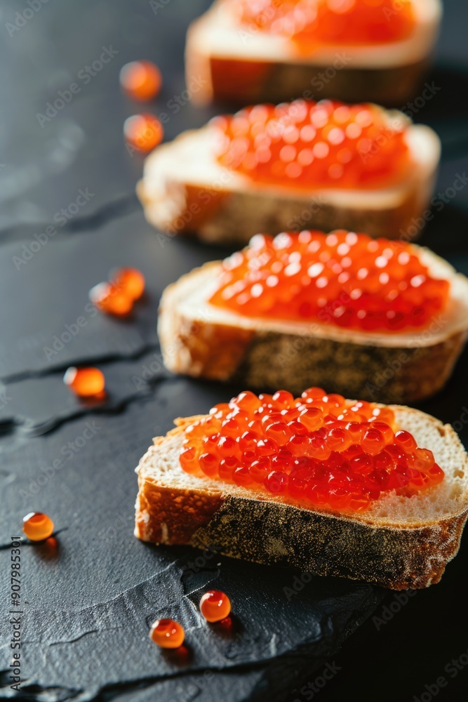 A close up of four slices of bread with red caviar on top. The caviar is scattered around the bread, creating a visually appealing and appetizing presentation. Concept of indulgence and luxury A close up of four slices of bread with red caviar on top. The caviar is scattered around the bread, creating a visually appealing and appetizing presentation. Concept of indulgence and luxury
