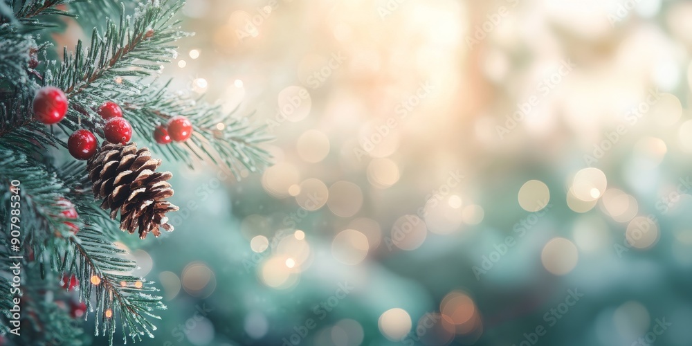 Pine cone and red berries on green branches on a soft bokeh background for Christmas, New Year, winter Pine cone and red berries on green branches on a soft bokeh background for Christmas, New Year, winter