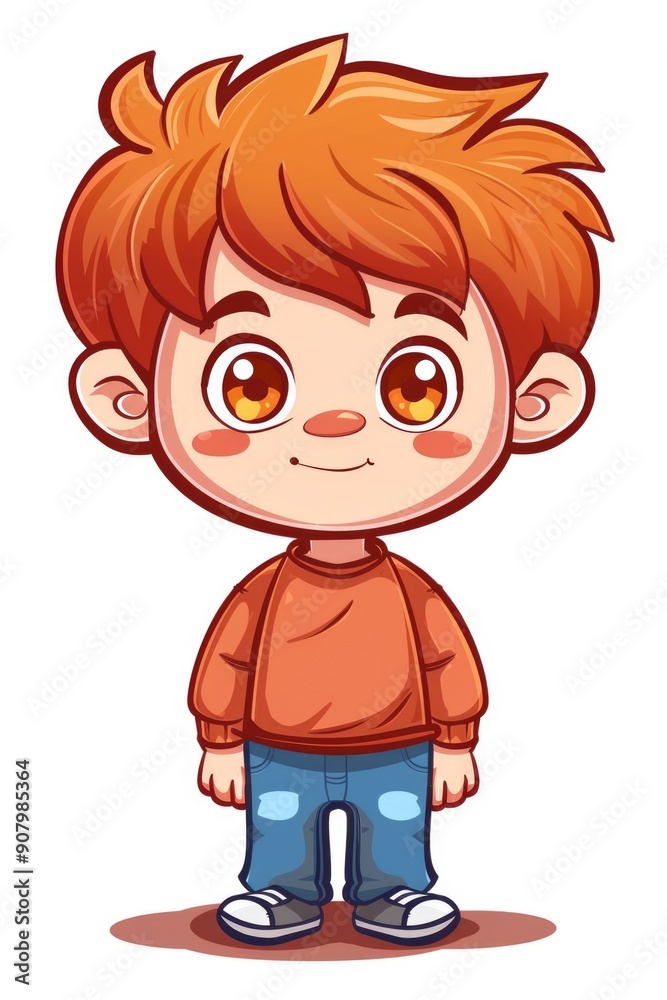 A cartoon boy with a smile on his face. He is wearing an orange shirt and blue jeans A cartoon boy with a smile on his face. He is wearing an orange shirt and blue jeans