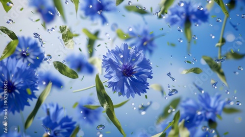 A vibrant blue cornflower amidst a dynamic backdrop of splashing water droplets photo