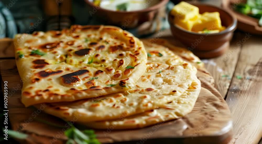 Close-up of freshly made garlic naan bread on a wooden board, accompanied by herbs, butter, and a bowl of yogurt-based dipping sauce. The naan appears soft and golden-brown.