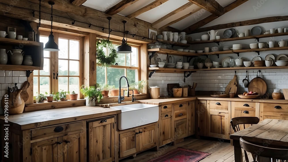 A bright kitchen filled with plants and rustic wooden cabinets A bright kitchen filled with plants and rustic wooden cabinets