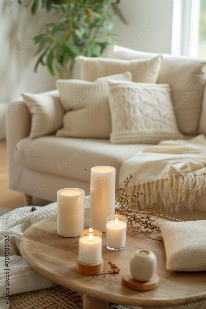 A living room with a white couch and a coffee table with candles and a vase. Scene is cozy and relaxing A living room with a white couch and a coffee table with candles and a vase. Scene is cozy and relaxing
