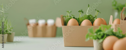 Fresh eggs and herbs in eco-friendly packaging on a green background, ideal for organic or sustainable lifestyle projects. photo