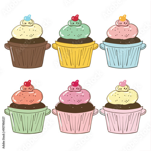 Colorful cupcakes cartoon dessert multiple flavors different frosting pastel colors artistic drawing. Cute cupcake vector illustration sweet treats doodle style bakery decorations. Fun cupcake