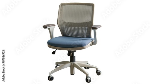White and blue office chair with mesh back and armrests photo