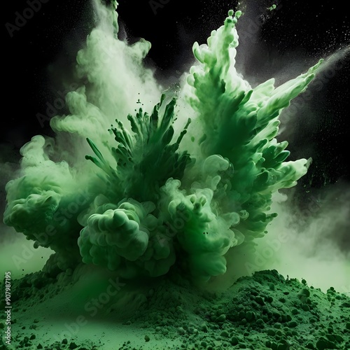 inspiring AI-generated image of a bright green paint color powder explosion, isolated against a white background. The dynamic burst should capture the festive spirit and exuberance of a color festival photo