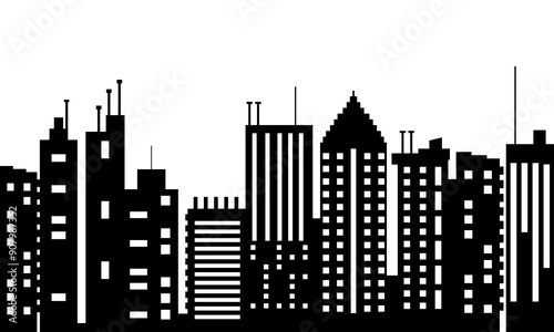 Town skyline silhouette. Small city houses, factory buildings, old church roofs, simple residental neighborhood vector flat scene