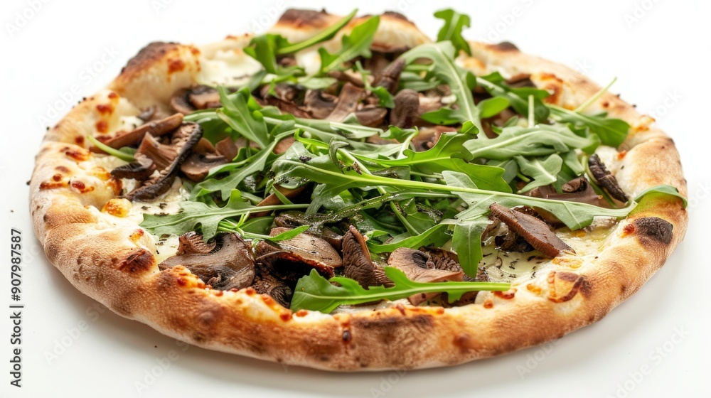 A savory mushroom and truffle pizza with wild mushrooms, truffle oil A savory mushroom and truffle pizza with wild mushrooms, truffle oil