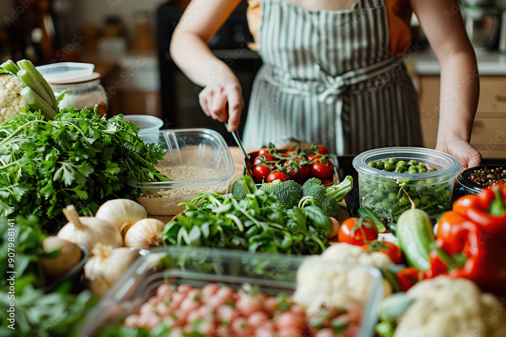A person prepares a fresh salad in a vibrant kitchen filled with colorful vegetables and herbs, showcasing healthy cooking. A person prepares a fresh salad in a vibrant kitchen filled with colorful vegetables and herbs, showcasing healthy cooking.