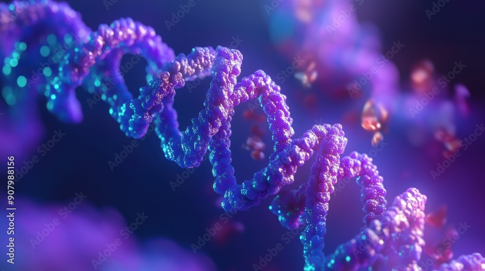 Colorful Helix DNA Structure on Dark Background with Glowing Particles and Bokeh Effect Colorful Helix DNA Structure on Dark Background with Glowing Particles and Bokeh Effect