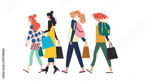 Four women diverse etiologies, contemporary outfits. Shopping bags various colors. Active motion urban setting isolated white. Women walking isolated white holding bags