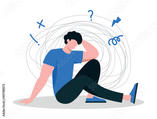 Anxiety Concept Flat Illustration - Young Man Overwhelmed with Thoughts