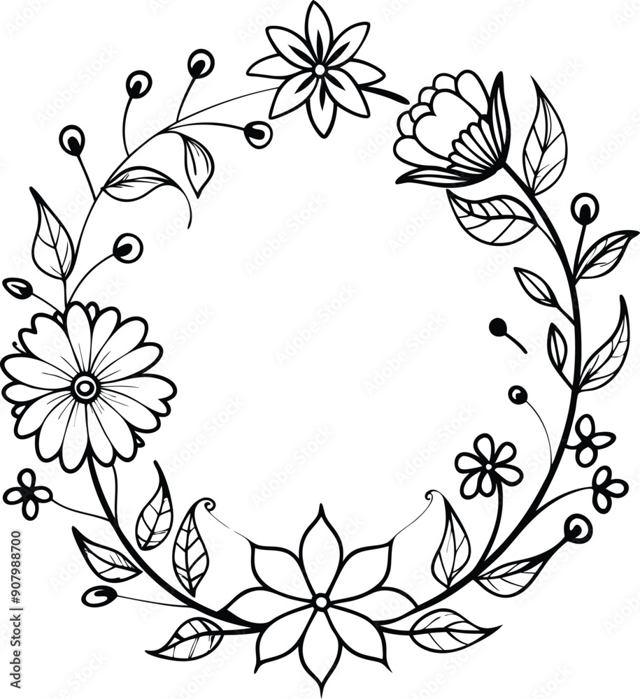 Hand drawn floral frame outline black and white Hand drawn floral frame outline black and white