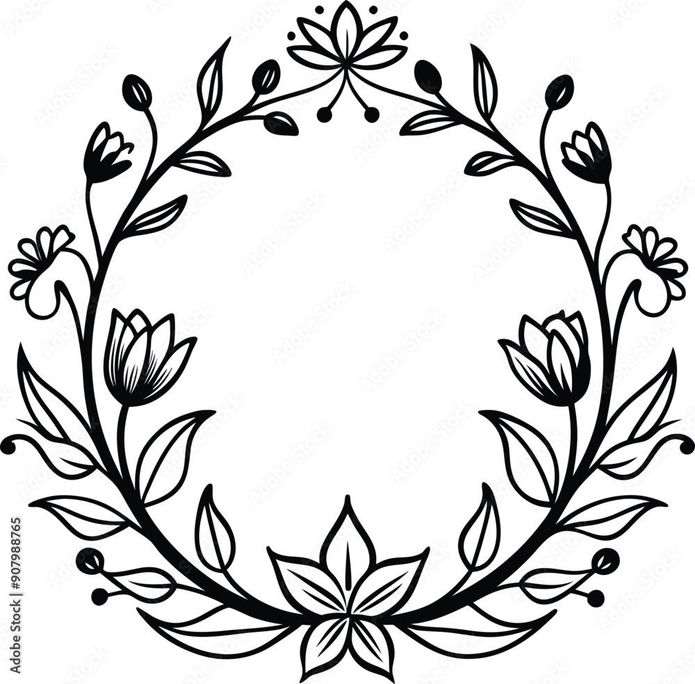 Hand drawn floral frame outline black and white Hand drawn floral frame outline black and white