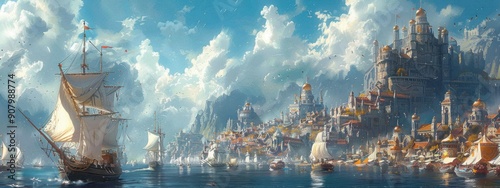 A Dungeons and Dragons illustration for: Aaqa is a large floating island that serves as the bustling city.