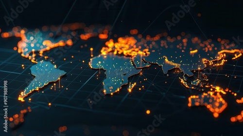 Abstract world map with glowing lines and dots, representing global connectivity and technology.