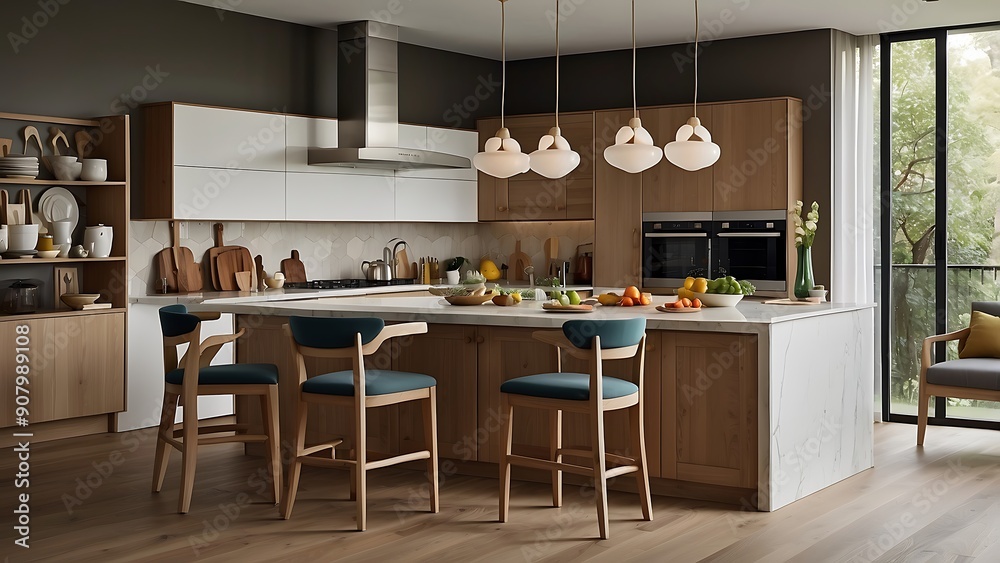 Fototapeta premium A family-friendly kitchen filled with fresh fruits and inviting seating arrangements