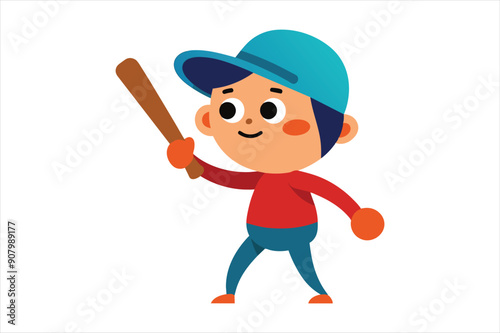  cartoon kids sports character with bat vector art illustration photo