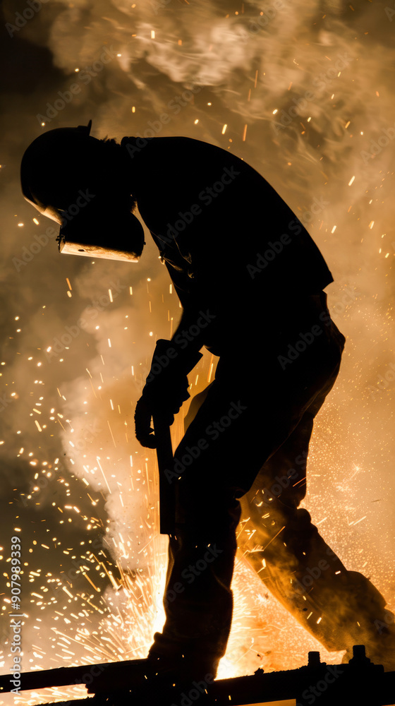 Steelworker in action with welding sparks at night Steelworker in action with welding sparks at night