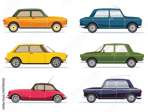 Retro automobiles collection vintage style isolated white background. Colorful 2door, 4door cars side view vibrant hues. 60s, 70s cars design diverse angles artistic illustration. Classic car models