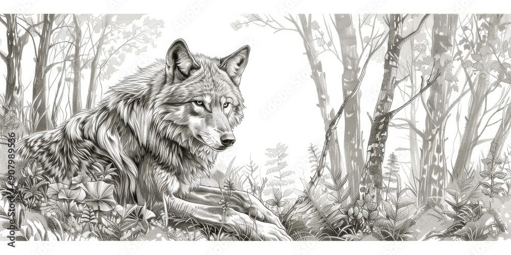 Naklejka premium Majestic Wolf in a Black and White Forest