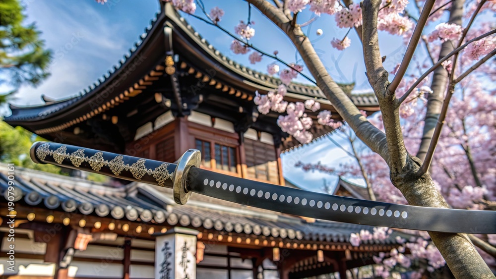 Obraz premium Japanese Katana Sword Against Cherry Blossoms and a Traditional Building