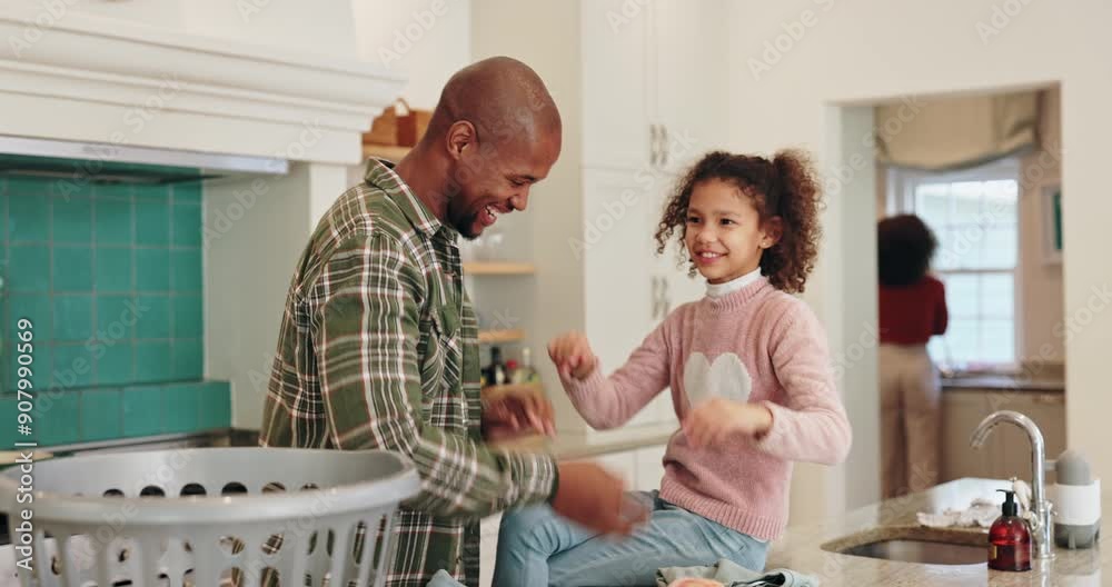 Dad, child and high five for laundry in home for house work success, learning chores and bonding. Father, young girl and celebration for folding clothes with cleaning, teamwork and weekend routine Dad, child and high five for laundry in home for house work success, learning chores and bonding. Father, young girl and celebration for folding clothes with cleaning, teamwork and weekend routine