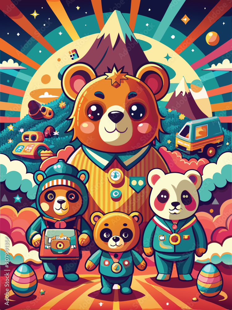 Fototapeta premium Four Adorable Bears with Medals and Easter Eggs in a Retro-Inspired Landscape