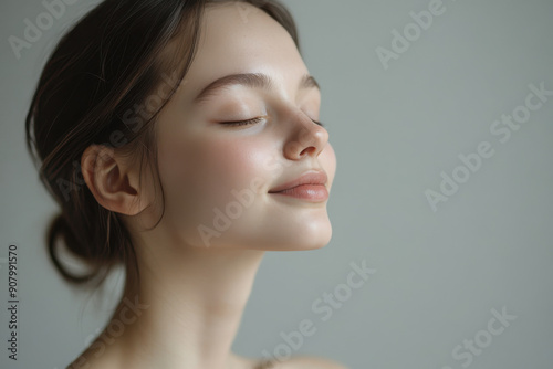 A close up of a girl's face with her eyes closed