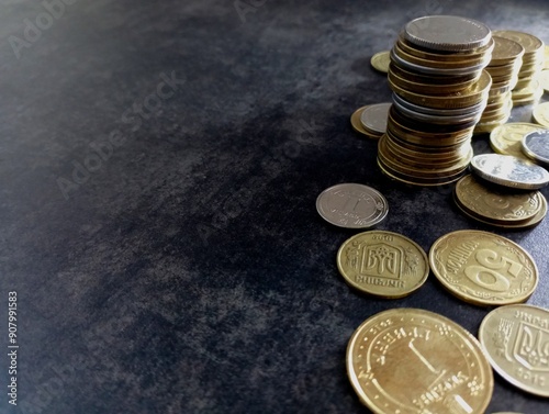 A stack of Ukrainian kopeck coins on a dark background on the right side of the photo. Background with coins and pennies. photo