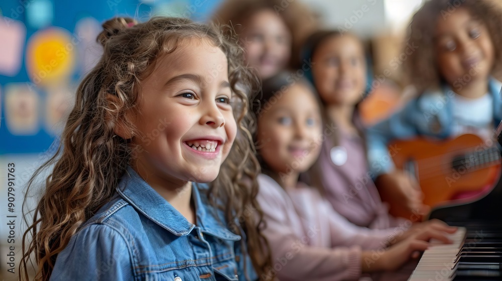 Happy Child Playing Musical Instruments in Music Class Happy Child Playing Musical Instruments in Music Class