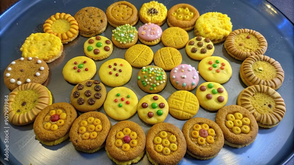 Fototapeta premium An Assortment of Colorful and Decorated Cookies on a Blue Plate