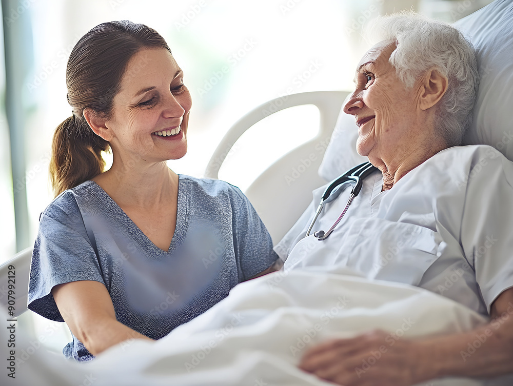 Warm Nurse-Patient Interaction in Hospital Setting: Compassionate Care and Empathy Between Brown-Haired Nurse and Smiling Elderly Woman with Gray Hair, Symbolizing Trust and Comfort in Healthcare Warm Nurse-Patient Interaction in Hospital Setting: Compassionate Care and Empathy Between Brown-Haired Nurse and Smiling Elderly Woman with Gray Hair, Symbolizing Trust and Comfort in Healthcare