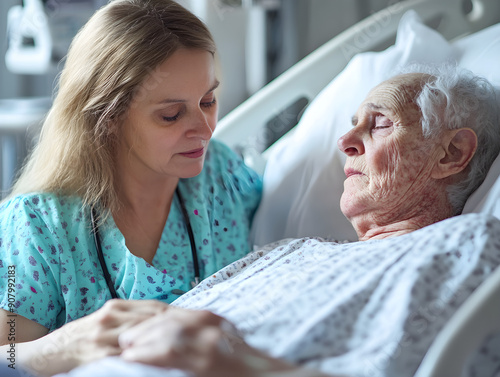 Empathetic Nurse in Light Blue Floral Medical Uniform Gently Caring for Serene Elderly Patient in Hospital Bed: Compassionate Healthcare Moment Captured in Heartwarming