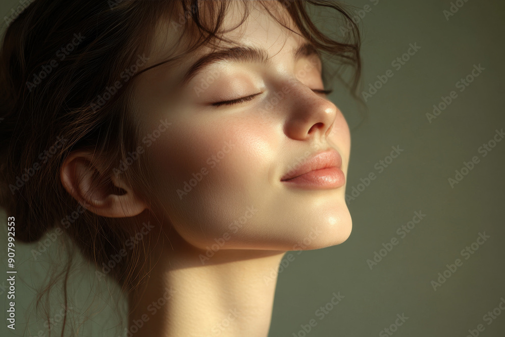 A close up of a girl's face with her eyes closed