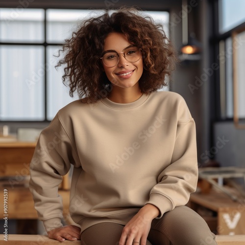 A young woman with curly hair and glasses in blank brown sweatshirt, mockup, copy space cropped image for advertising. photo