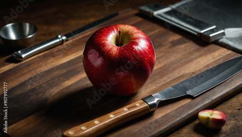 Red apple on a cutting board with kitchen knife photo