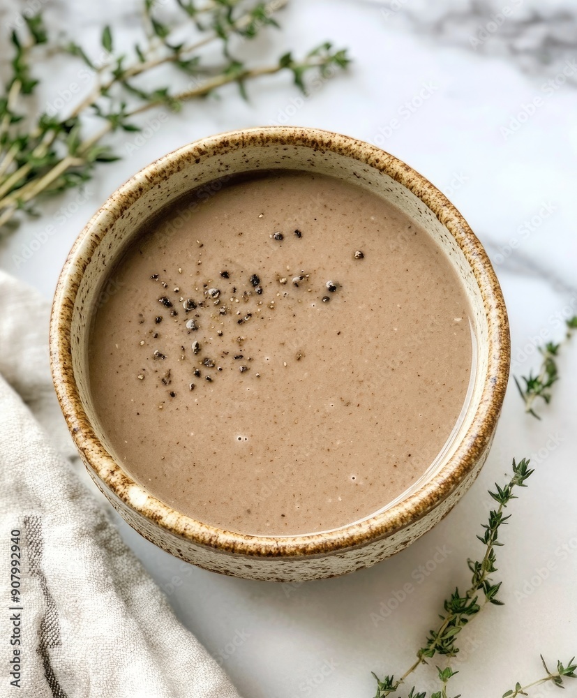 French cream of mushroom soup, creamy and elegant, served in a rustic, elegant bowl. French cream of mushroom soup, creamy and elegant, served in a rustic, elegant bowl.