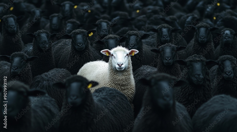 Obraz premium A lone white sheep stands out amongst a crowd of black sheep. It represents individuality, uniqueness, and the importance of being yourself.
