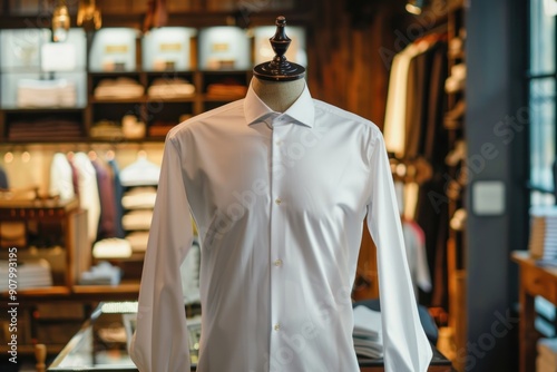 Elegant white dress shirt on mannequin in modern boutique photo