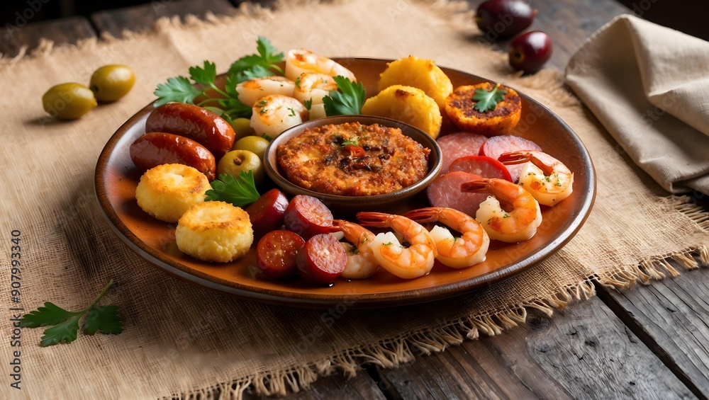 A plate of tapas with various Spanish delicacies. Restaurant Food Menu Image. A plate of tapas with various Spanish delicacies. Restaurant Food Menu Image.