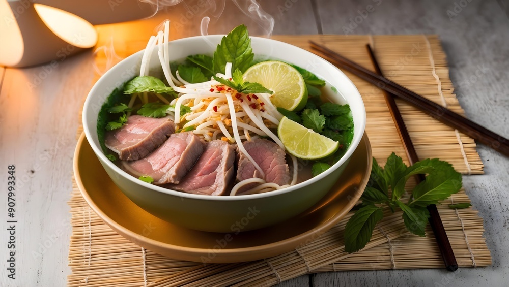 A Steaming Bowl Of Pho With Beef And Fresh Herbs, Restaurant Food Menu Image A Steaming Bowl Of Pho With Beef And Fresh Herbs, Restaurant Food Menu Image
