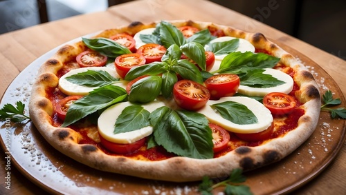 A traditional Italian pizza with basil, mozzarella, and tomatoes. Restaurant Food Menu Image.