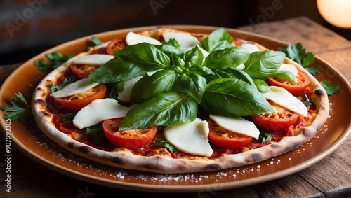 A traditional Italian pizza with basil, mozzarella, and tomatoes. Restaurant Food Menu Image.