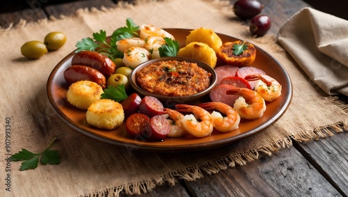 A plate of tapas with various Spanish delicacies. Restaurant Food Menu Image.