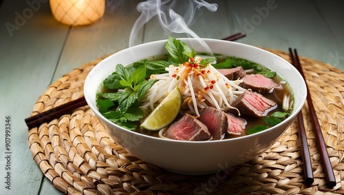 A Steaming Bowl Of Pho With Beef And Fresh Herbs, Restaurant Food Menu Image