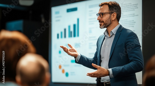 A businessman giving a presentation on investment strategies. businessman giving