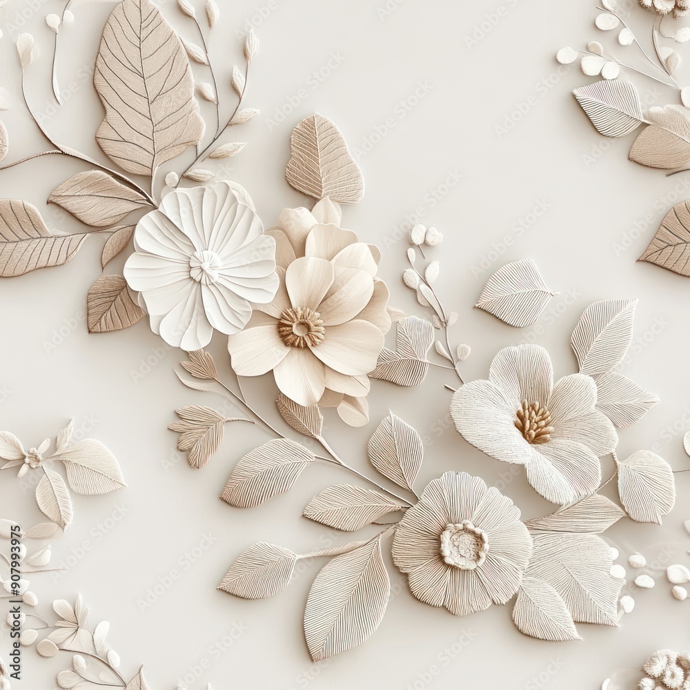 Ethereal 3D Embroidered Floral Design in Neutral Tones on Light Background for Stylish Decor | Detailed Minimalist Embroidery Art, Generative Ai Ethereal 3D Embroidered Floral Design in Neutral Tones on Light Background for Stylish Decor | Detailed Minimalist Embroidery Art, Generative Ai