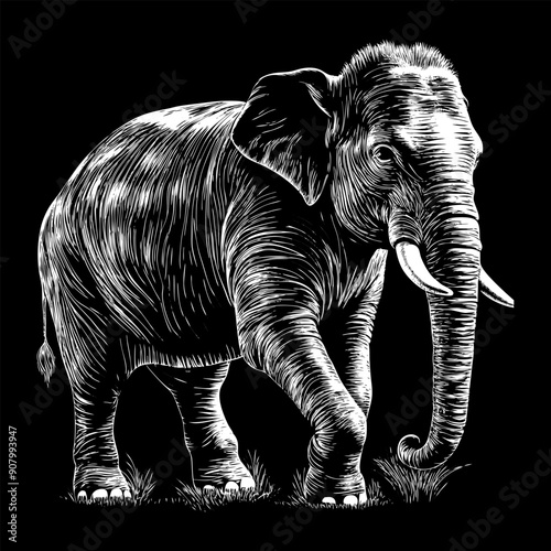 Vintage black and white engraved elephant  silhouette vector